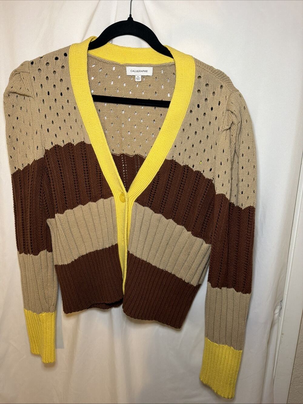 Calligraphie Striped Cardigan Women XL Brown Tan Yellow Puff Sleeve Knit Sweater